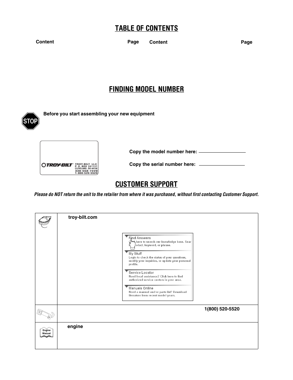 Table of contents finding model number, Customer support | Troy-Bilt 654J User Manual | Page 2 / 32