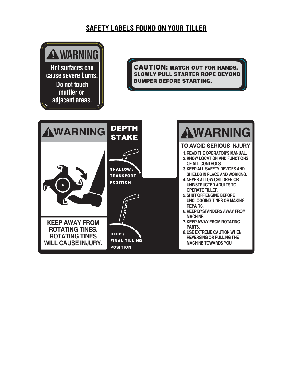 Warning, Safety labels found on your tiller, Depth stake | Troy-Bilt 654J User Manual | Page 5 / 32