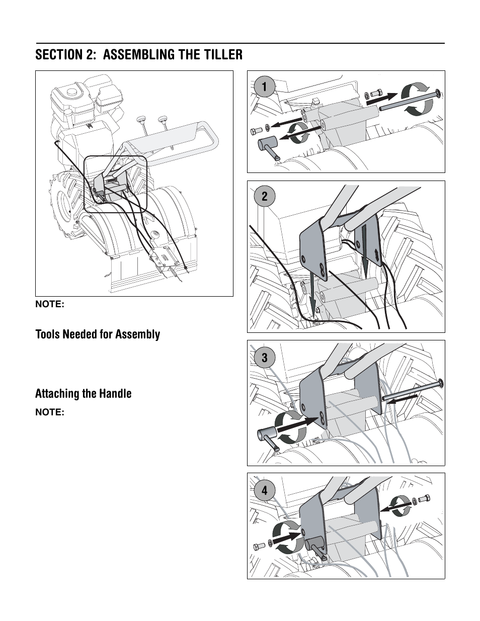 Tools needed for assembly, Attaching the handle | Troy-Bilt 654J User Manual | Page 6 / 32