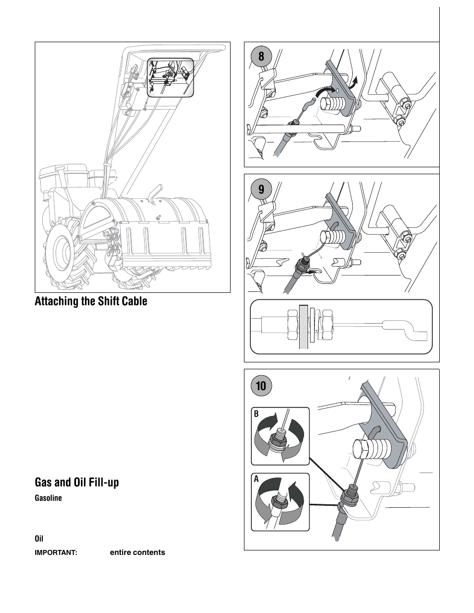 Attaching the shift cable, Gas and oil fill-up | Troy-Bilt 654J User Manual | Page 8 / 32