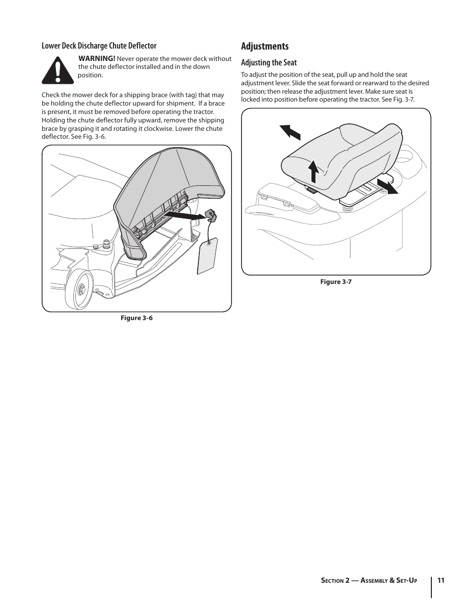 Adjustments, Adjusting the seat, Lower deck discharge chute deflector | Troy-Bilt RZT MUSTANG ZT50 User Manual | Page 11 / 76
