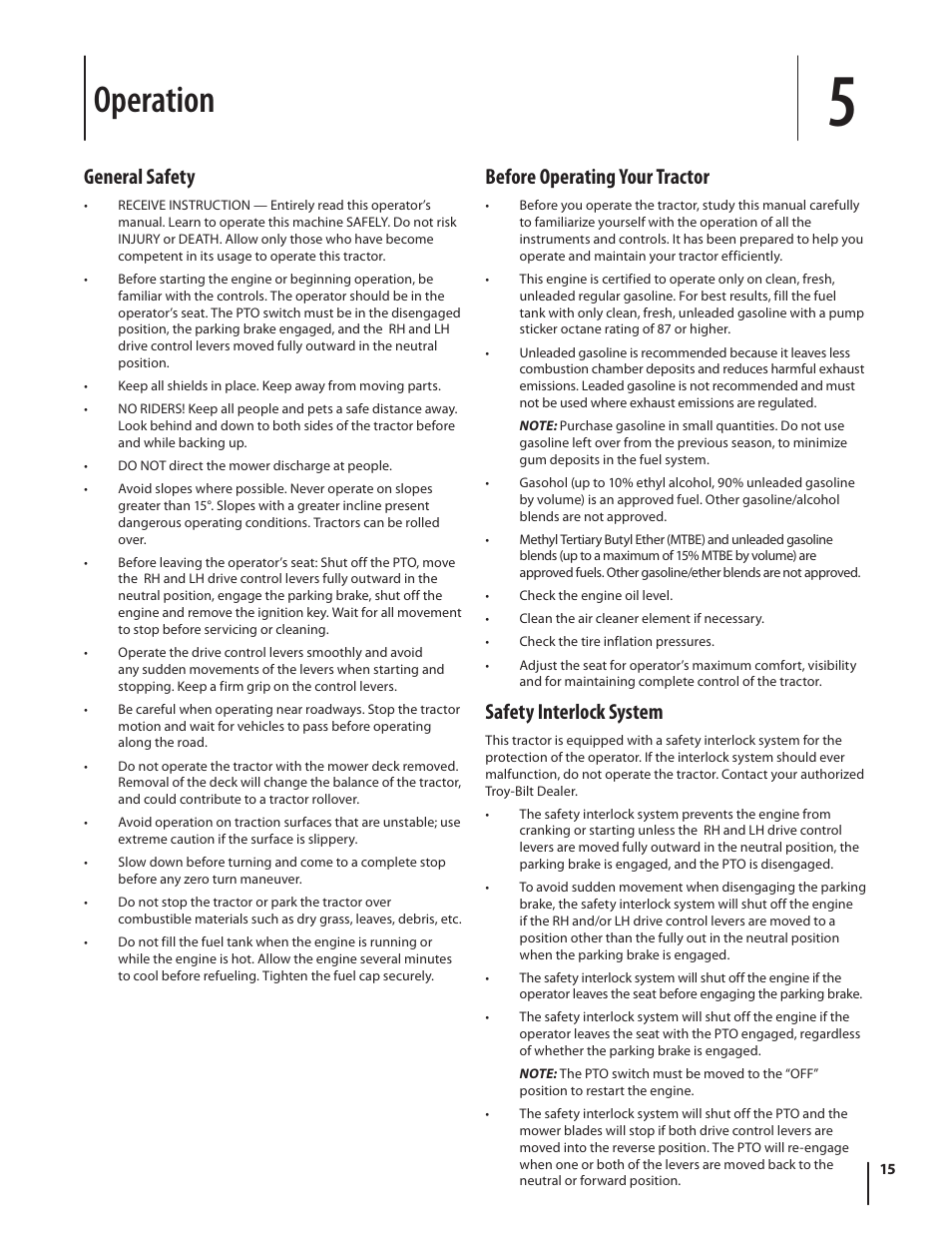 Operation, General safety, Before operating your tractor | Safety interlock system | Troy-Bilt RZT MUSTANG ZT50 User Manual | Page 15 / 76