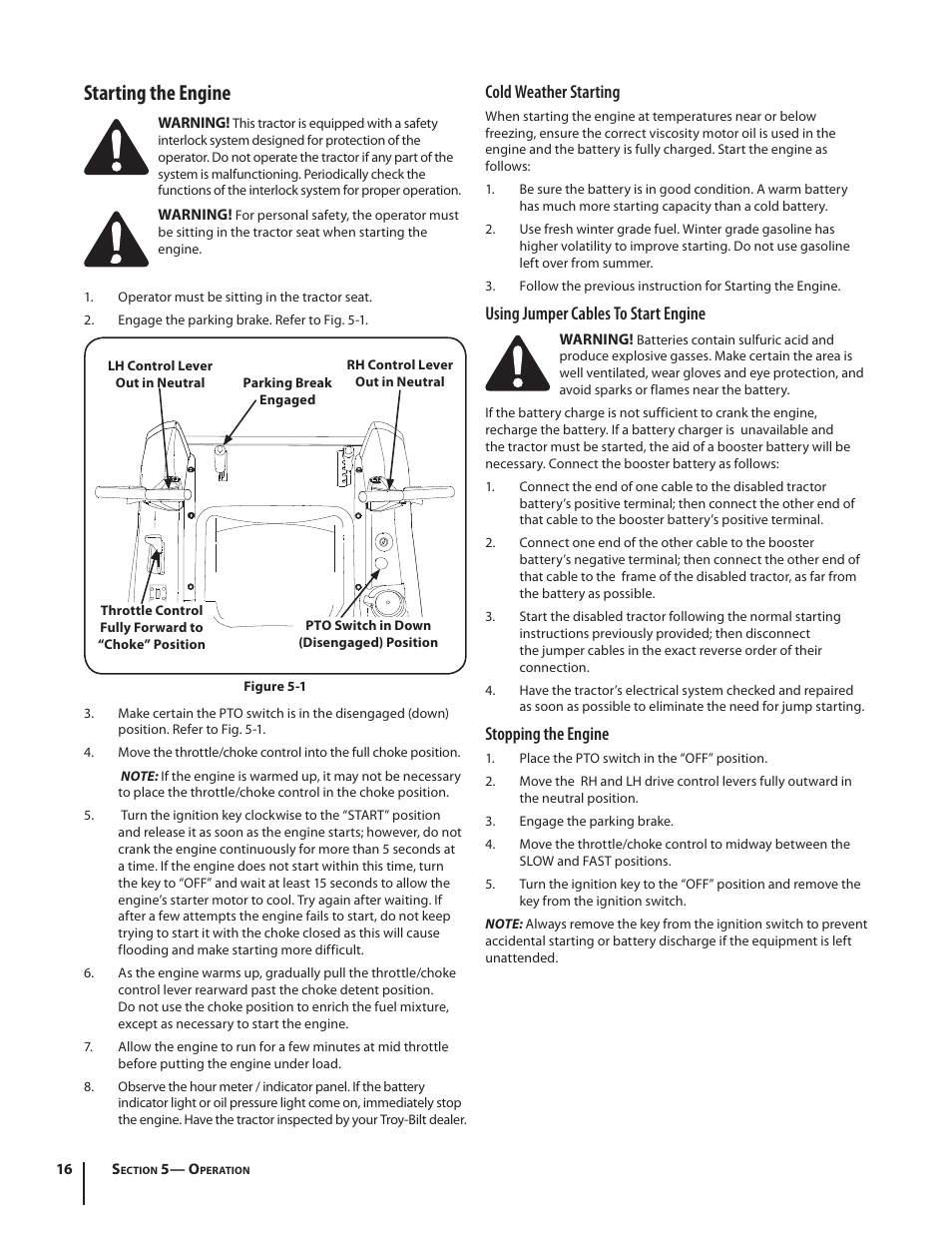 Starting the engine, Cold weather starting, Using jumper cables to start engine | Stopping the engine | Troy-Bilt RZT MUSTANG ZT50 User Manual | Page 16 / 76