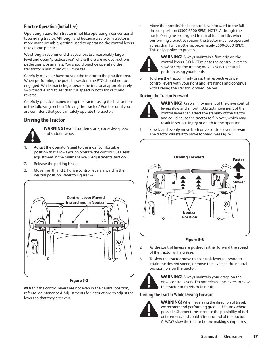 Driving the tractor, Practice operation (initial use), Driving the tractor forward | Turning the tractor while driving forward | Troy-Bilt RZT MUSTANG ZT50 User Manual | Page 17 / 76