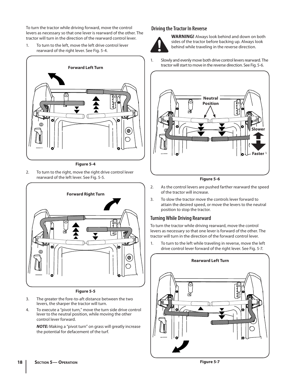 Driving the tractor in reverse, Turning while driving rearward | Troy-Bilt RZT MUSTANG ZT50 User Manual | Page 18 / 76