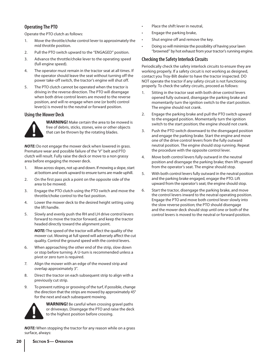 Operating the pto, Using the mower deck, Checking the safety interlock circuits | Troy-Bilt RZT MUSTANG ZT50 User Manual | Page 20 / 76