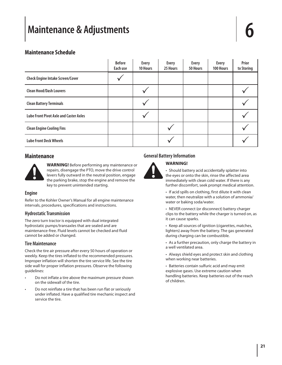 Maintenance & adjustments | Troy-Bilt RZT MUSTANG ZT50 User Manual | Page 21 / 76