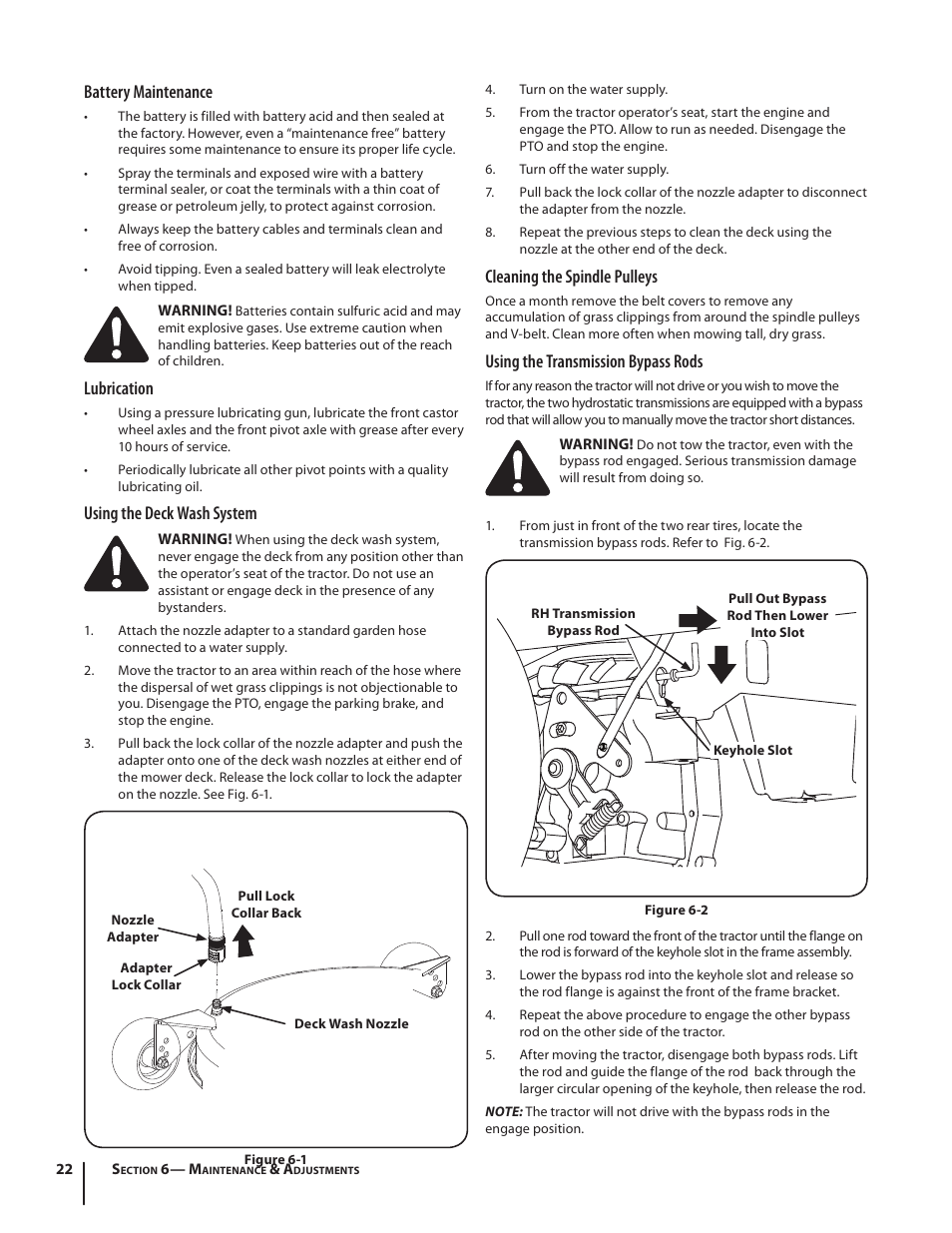 Battery maintenance, Lubrication, Using the deck wash system | Cleaning the spindle pulleys, Using the transmission bypass rods | Troy-Bilt RZT MUSTANG ZT50 User Manual | Page 22 / 76