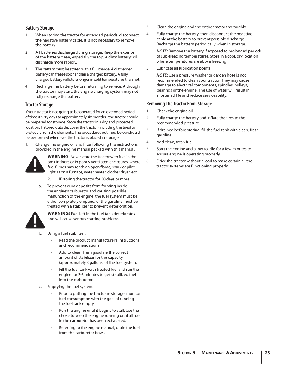 Battery storage, Tractor storage, Removing the tractor from storage | Troy-Bilt RZT MUSTANG ZT50 User Manual | Page 23 / 76