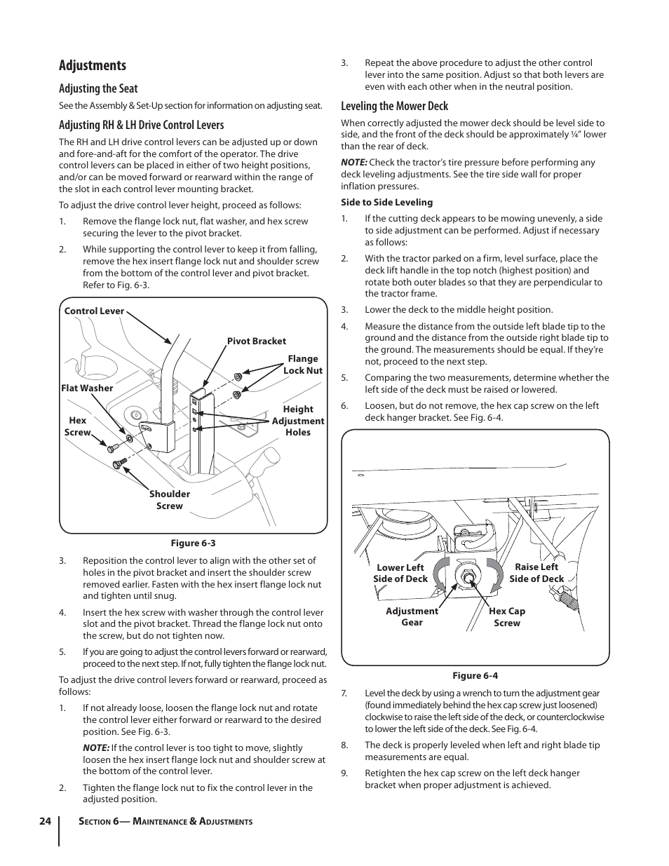 Adjustments, Adjusting the seat, Adjusting rh & lh drive control levers | Leveling the mower deck | Troy-Bilt RZT MUSTANG ZT50 User Manual | Page 24 / 76