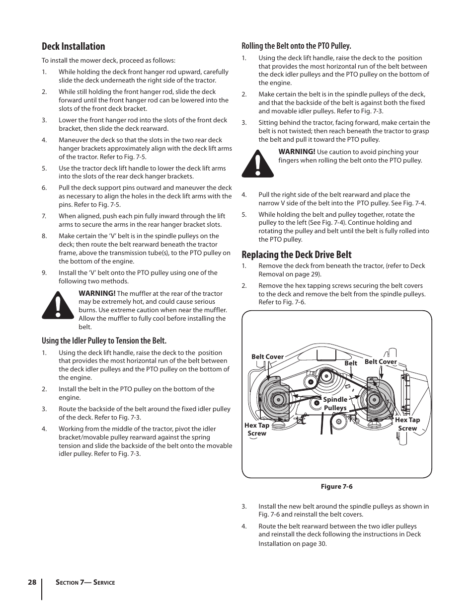 Replacing the deck drive belt, Deck installation, Rolling the belt onto the pto pulley | Using the idler pulley to tension the belt | Troy-Bilt RZT MUSTANG ZT50 User Manual | Page 28 / 76