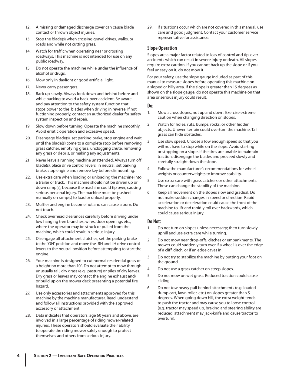 Slope operation, Do not | Troy-Bilt RZT MUSTANG ZT50 User Manual | Page 4 / 76