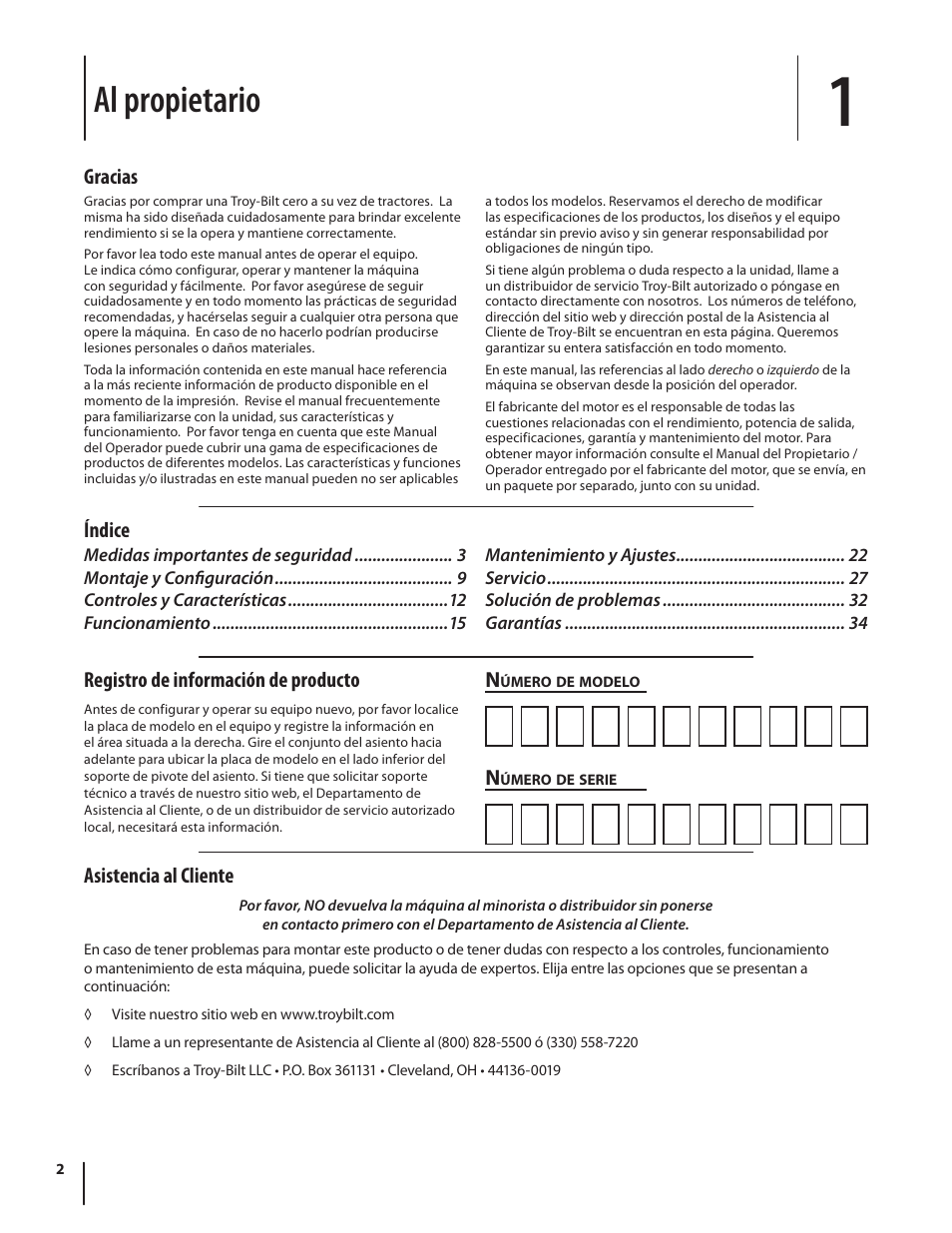 Al propietario, Asistencia al cliente, Gracias registro de información de producto | Índice | Troy-Bilt RZT MUSTANG ZT50 User Manual | Page 42 / 76