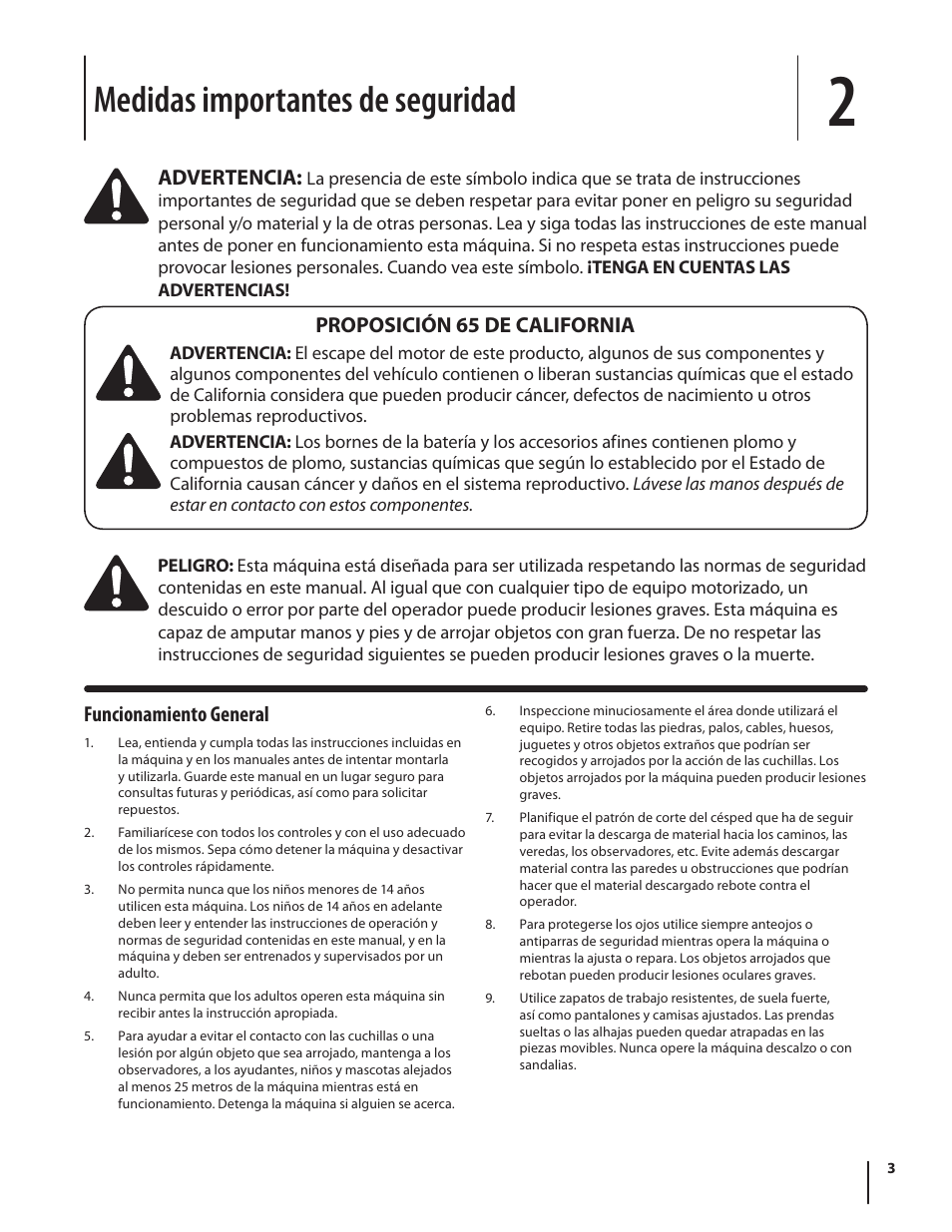 Medidas importantes de seguridad, Funcionamiento general, Advertencia | Proposición 65 de california | Troy-Bilt RZT MUSTANG ZT50 User Manual | Page 43 / 76