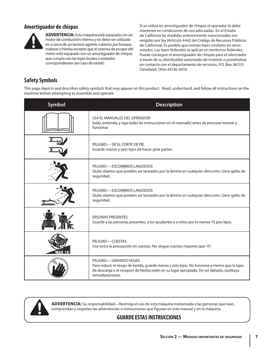 Guarde estas instrucciones amortiguador de chispas, Safety symbols, Symbol description | Troy-Bilt RZT MUSTANG ZT50 User Manual | Page 47 / 76