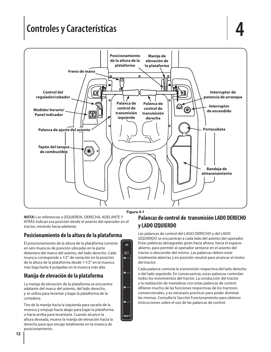 Controles y características, Posicionamiento de la altura de la plataforma, Manija de elevación de la plataforma | Troy-Bilt RZT MUSTANG ZT50 User Manual | Page 52 / 76