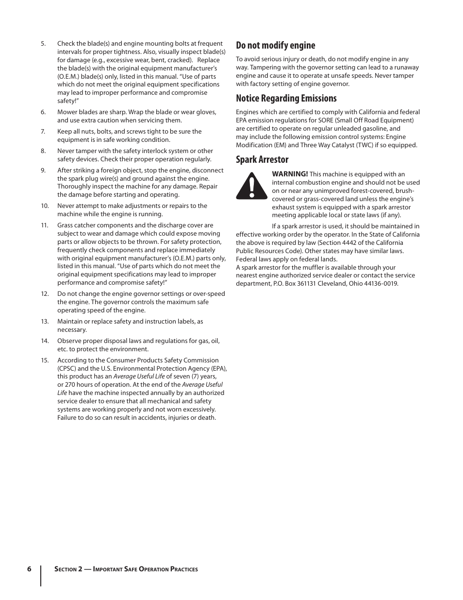 Do not modify engine, Notice regarding emissions, Spark arrestor | Troy-Bilt RZT MUSTANG ZT50 User Manual | Page 6 / 76