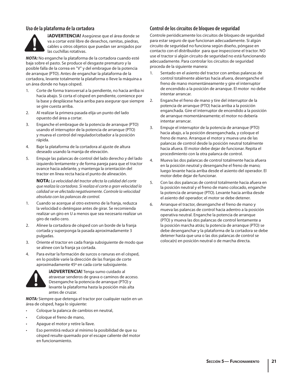 Uso de la plataforma de la cortadora, Control de los circuitos de bloqueo de seguridad | Troy-Bilt RZT MUSTANG ZT50 User Manual | Page 61 / 76