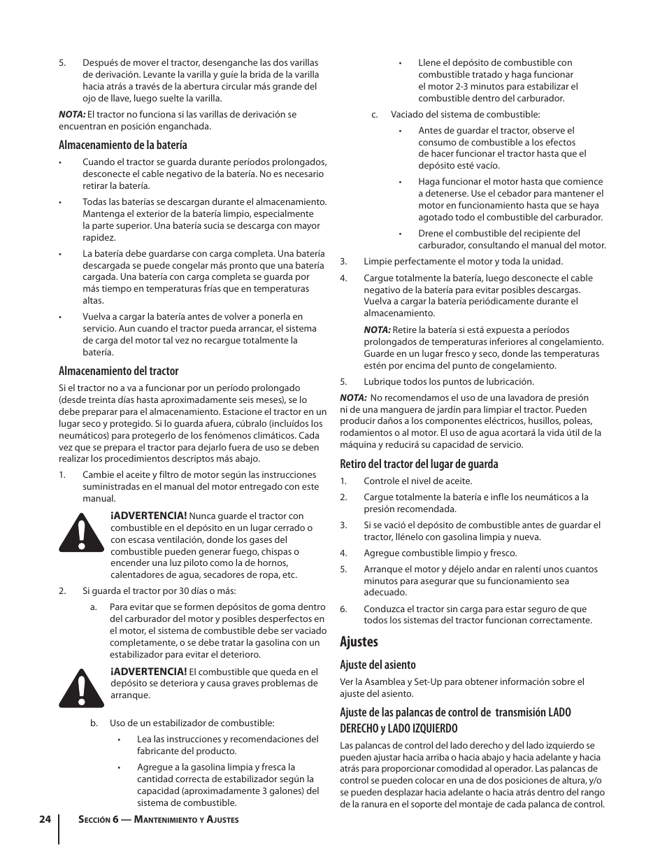 Ajustes, Almacenamiento de la batería, Almacenamiento del tractor | Retiro del tractor del lugar de guarda, Ajuste del asiento | Troy-Bilt RZT MUSTANG ZT50 User Manual | Page 64 / 76