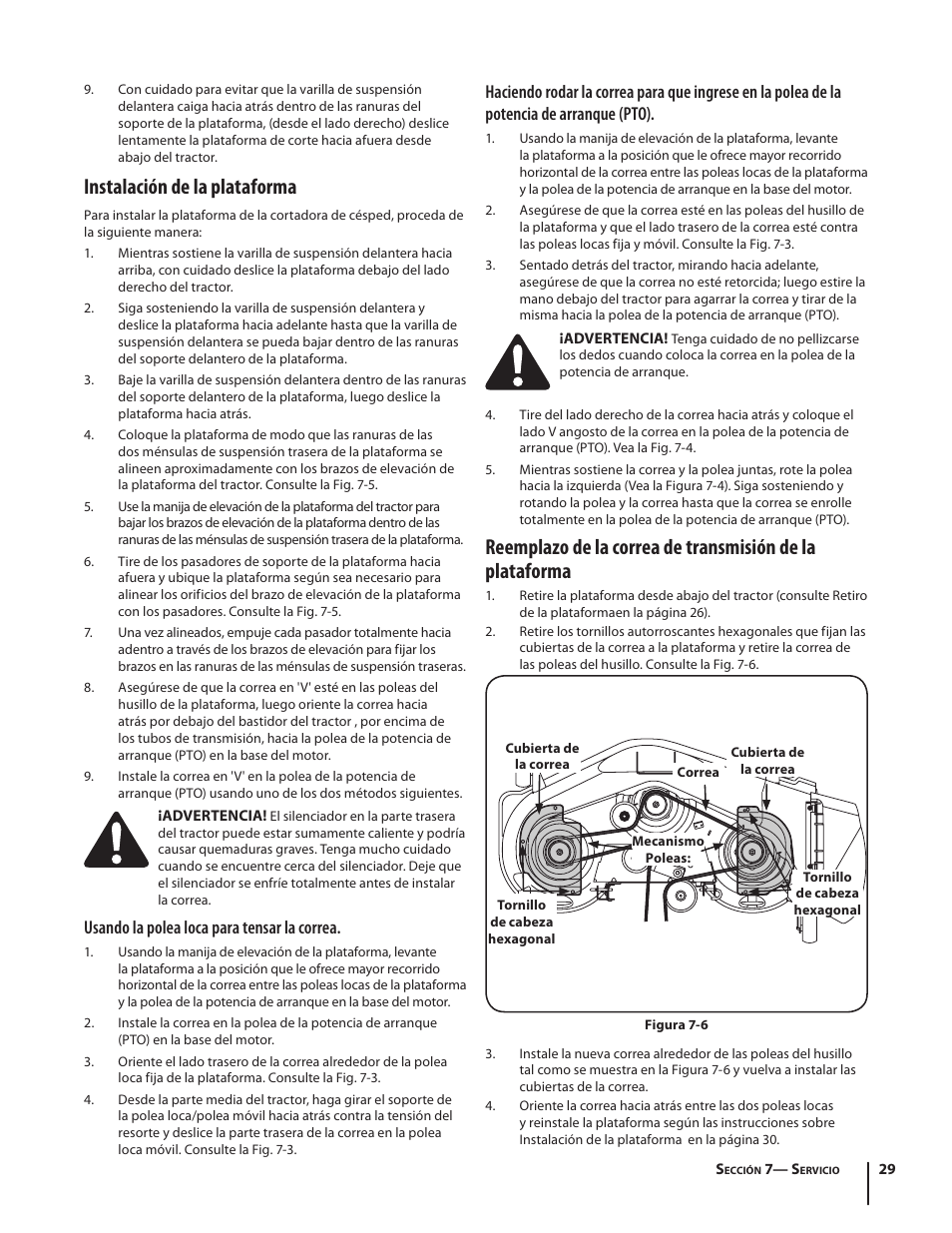 Instalación de la plataforma, Usando la polea loca para tensar la correa | Troy-Bilt RZT MUSTANG ZT50 User Manual | Page 69 / 76