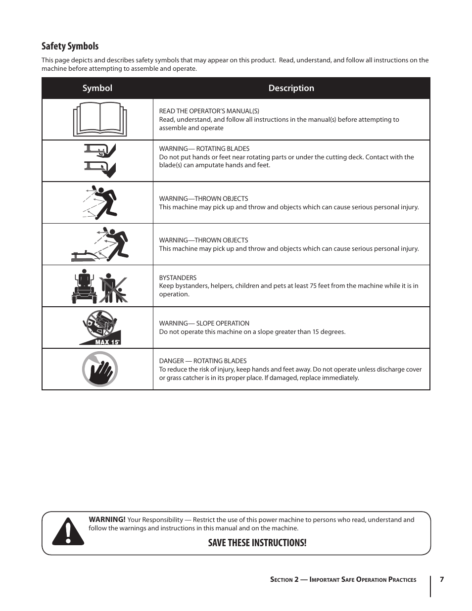 Save these instructions! safety symbols, Symbol description | Troy-Bilt RZT MUSTANG ZT50 User Manual | Page 7 / 76