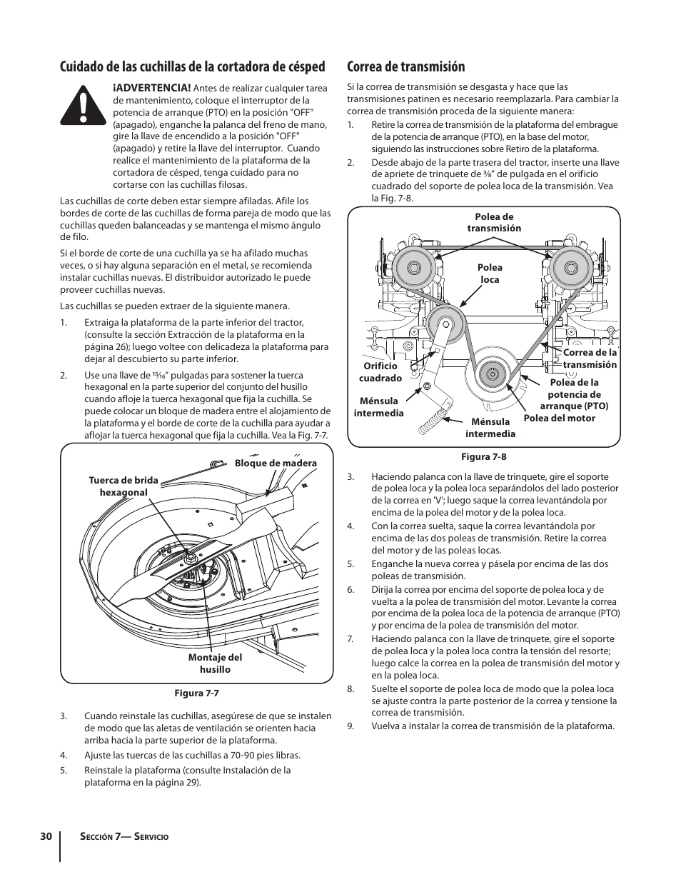 Cuidado de las cuchillas de la cortadora de césped, Correa de transmisión | Troy-Bilt RZT MUSTANG ZT50 User Manual | Page 70 / 76