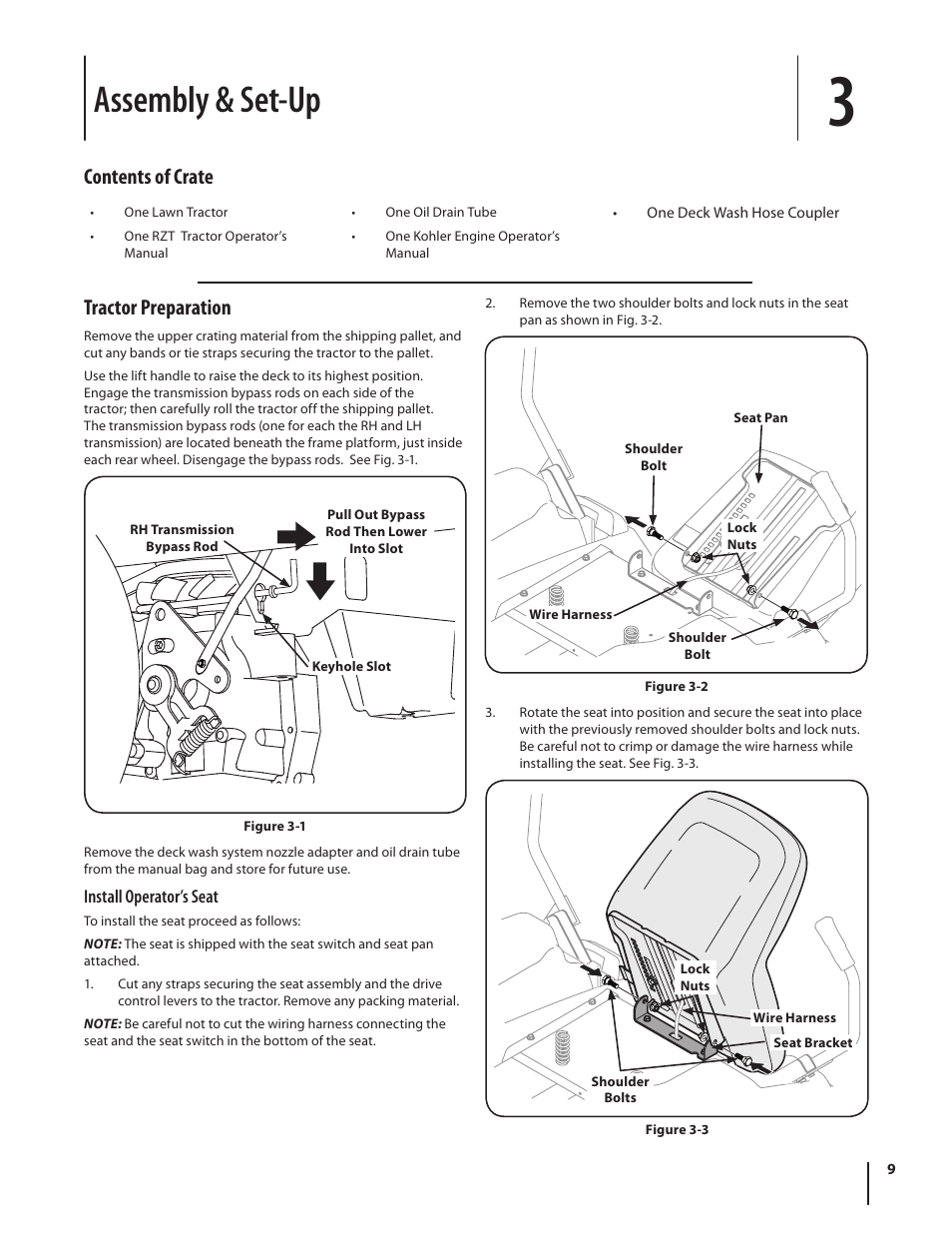 Assembly & set-up, Contents of crate, Tractor preparation | Troy-Bilt RZT MUSTANG ZT50 User Manual | Page 9 / 76