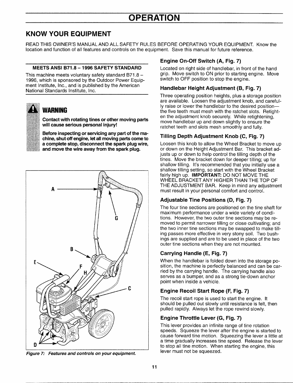 Know your equipment, Engine on-off switch (a, fig. 7), Handlebar height adjustment (b, fig. 7) | Tilling depth adjustment knob (c, fig. 7), Adjustable tine positions (d, fig. 7), Carrying handle (e, fig. 7), Engine recoil start rope (f, fig. 7), Engine throttle lever (g, fig. 7), Operation, Warning | Troy-Bilt 12159 User Manual | Page 11 / 24