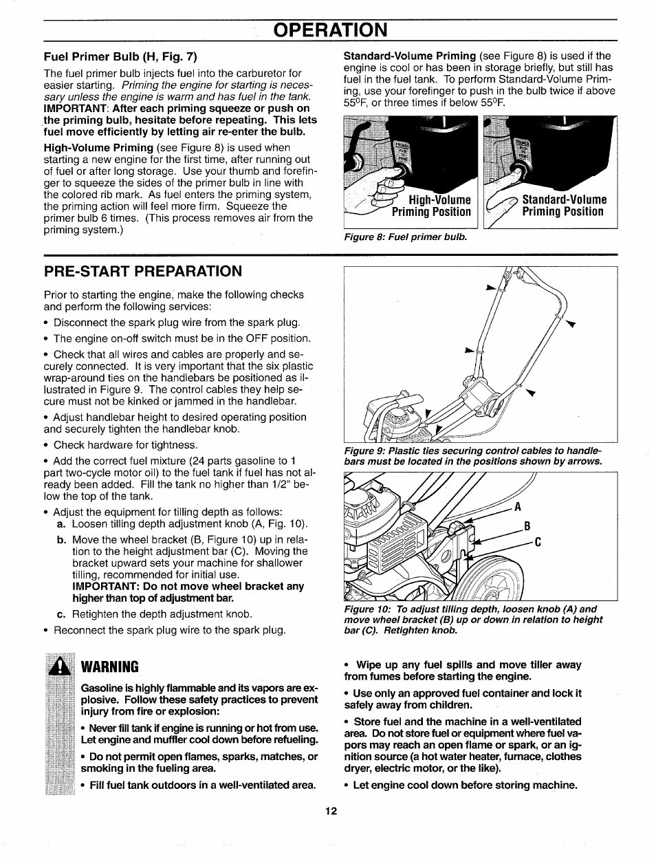 Fuel primer bulb (h, fig. 7), Standard-volume priming position, Pre-start preparation | Warning, Operation | Troy-Bilt 12159 User Manual | Page 12 / 24