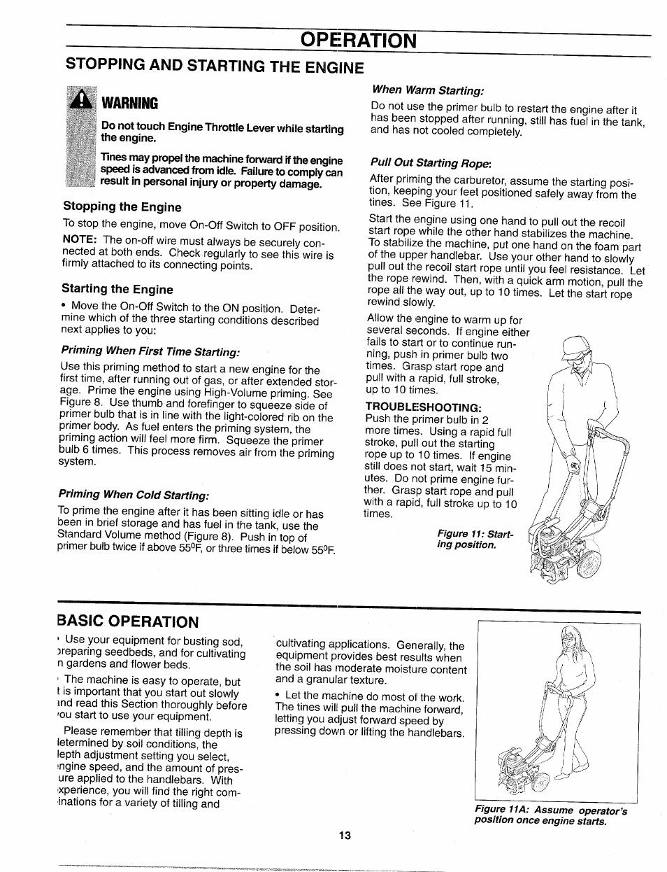 Stopping and starting the engine, A warning, Stopping the engine | Starting the engine, Basic operation, Starting engine stopping engine, Operation, Warning | Troy-Bilt 12159 User Manual | Page 13 / 24