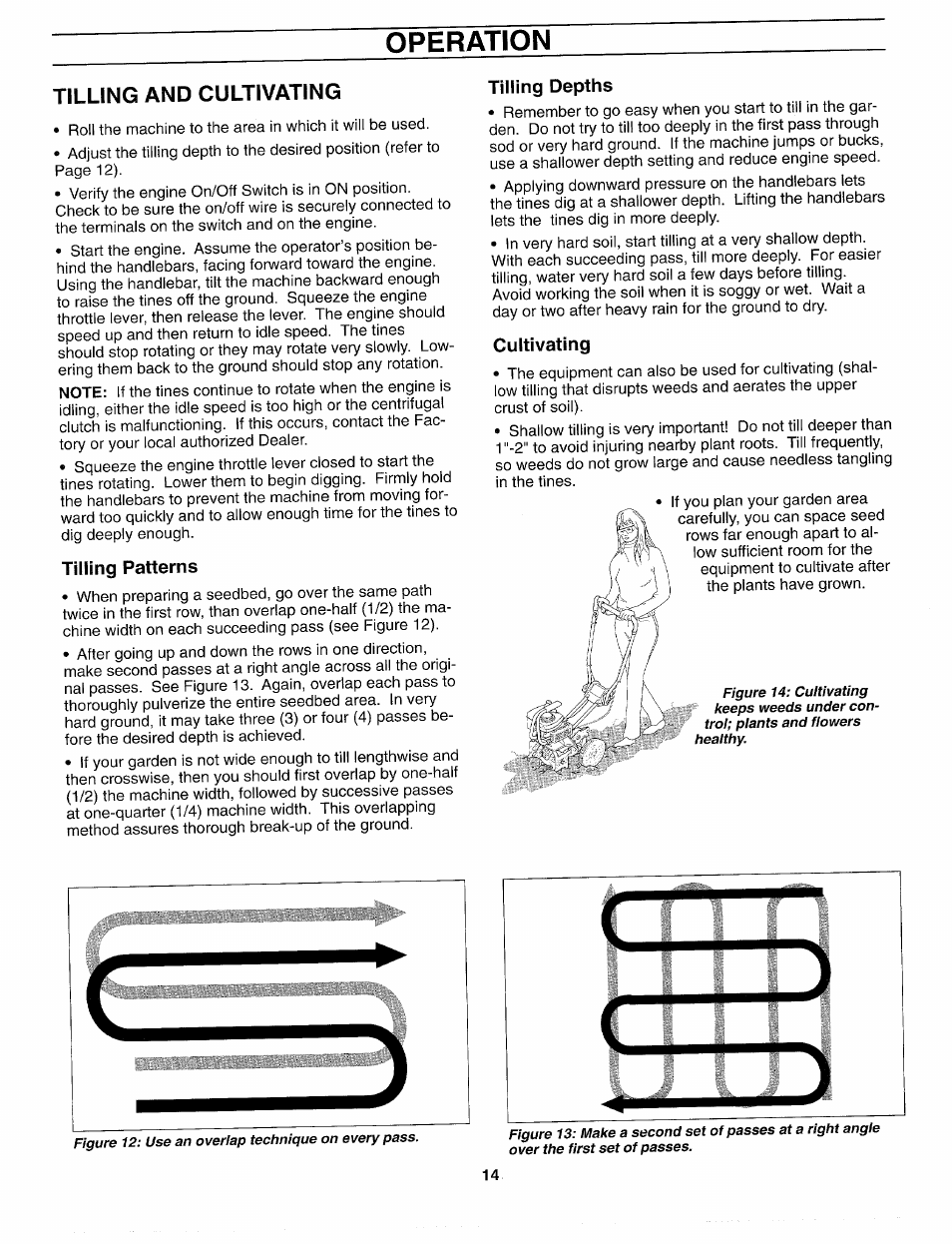 Tilling and cultivating, Tilling patterns, Tilling depths | Cultivating, Tilling widths, Operation | Troy-Bilt 12159 User Manual | Page 14 / 24