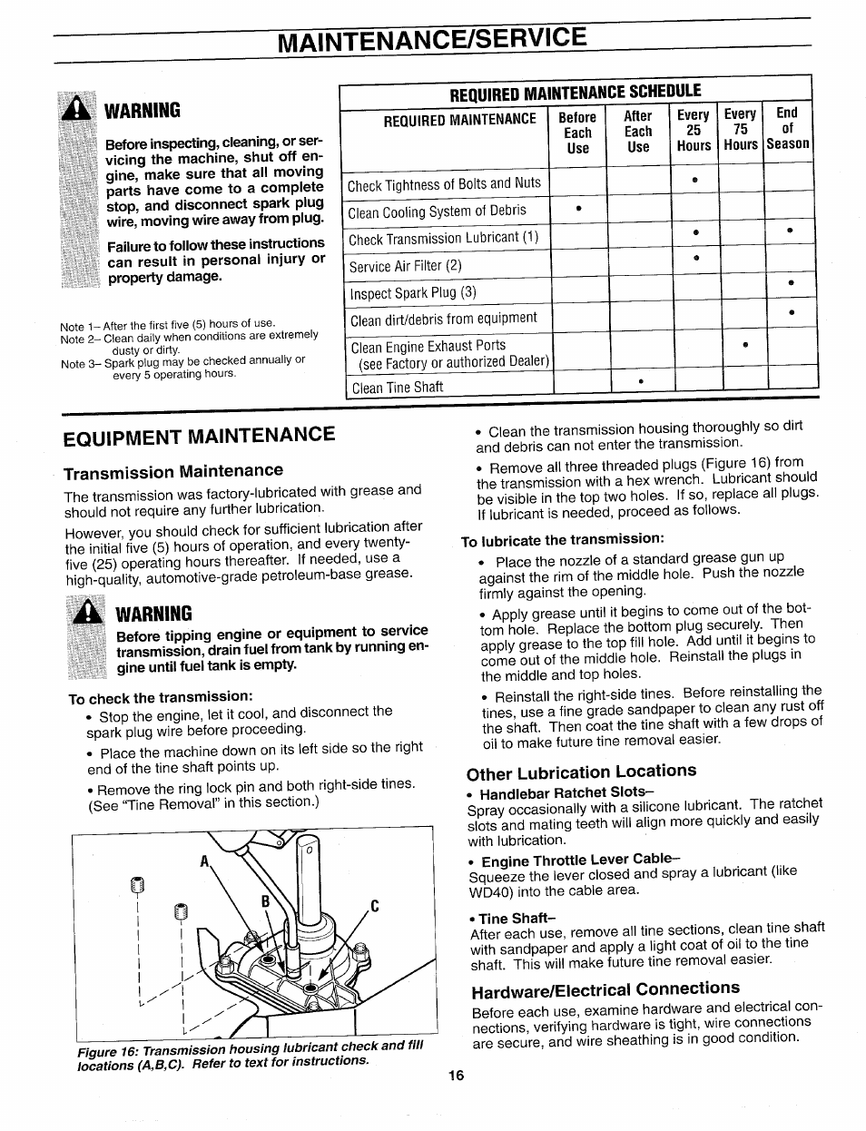 Warning, Equipment maintenance, Transmission maintenance | A warning, Other lubrication locations, Hardware/eiectricai connections, Maintenance/service, Equipment maintenance transmission maintenance | Troy-Bilt 12159 User Manual | Page 16 / 24
