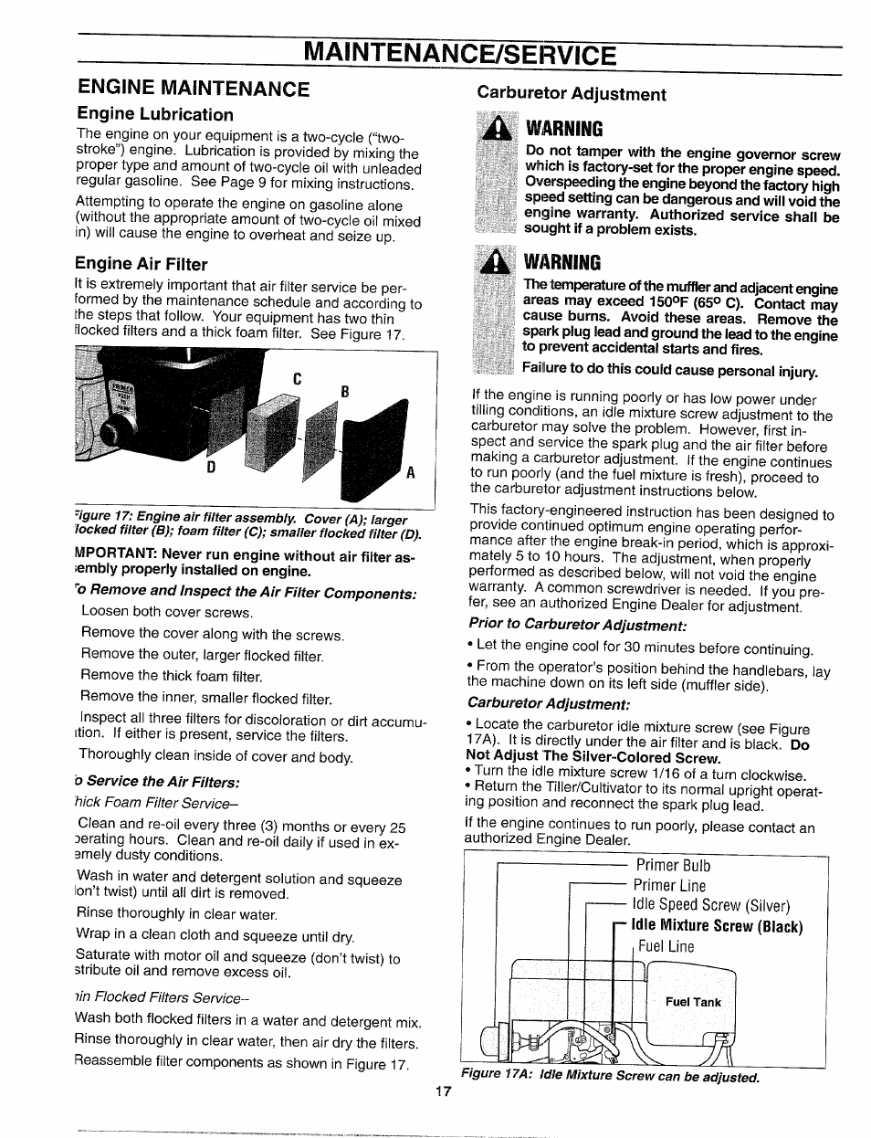 Engine maintenance, Engine lubrication, Engine air filter | Carburetor adjustment, Warning, Maintenance/service | Troy-Bilt 12159 User Manual | Page 17 / 24