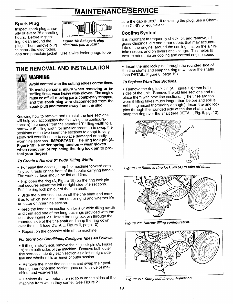 Spark plug, Cooling system, Tine removal and installation ^ warning | Maintenance/service, Warning | Troy-Bilt 12159 User Manual | Page 18 / 24