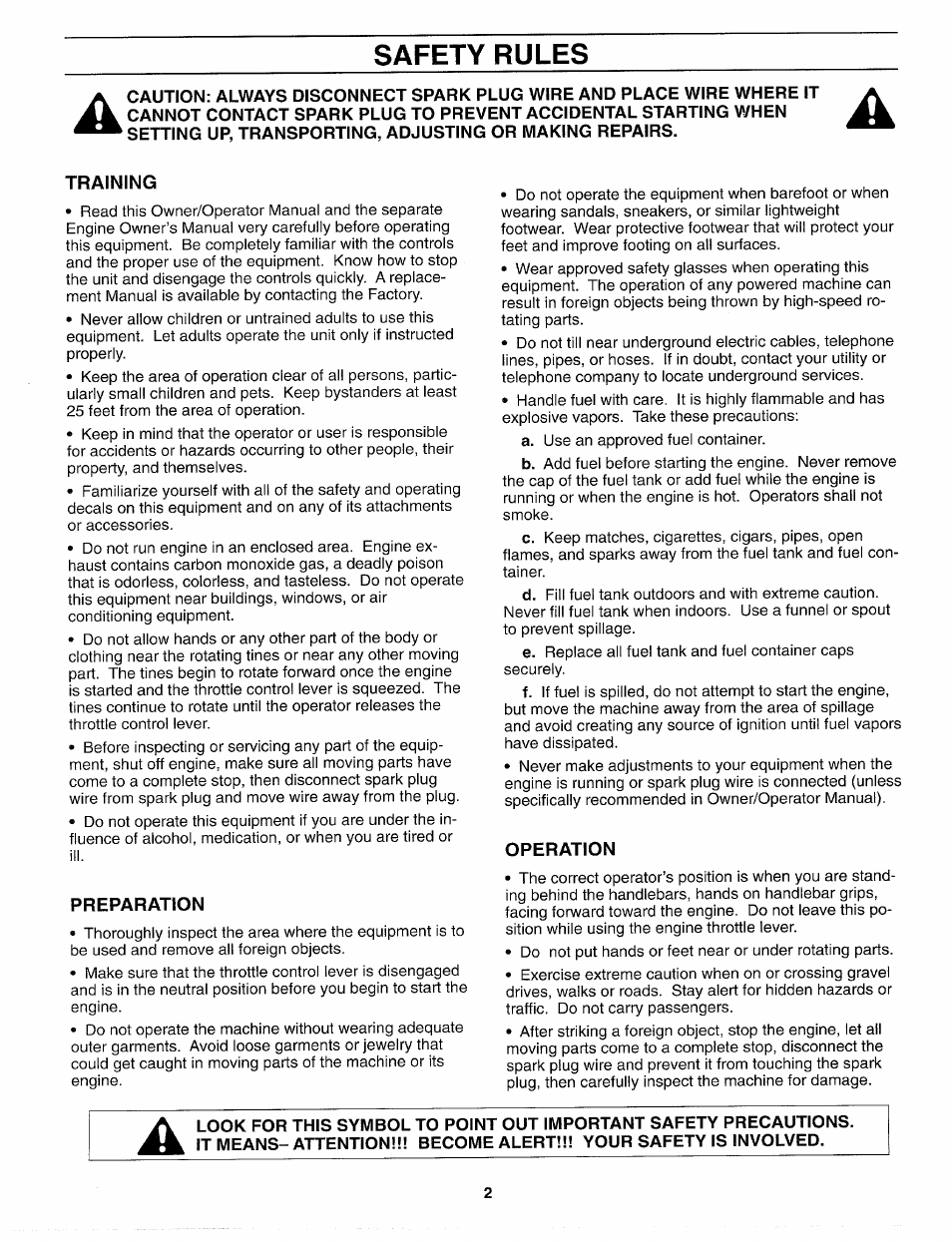 Safety rules, Training, Preparation | Operation | Troy-Bilt 12159 User Manual | Page 2 / 24