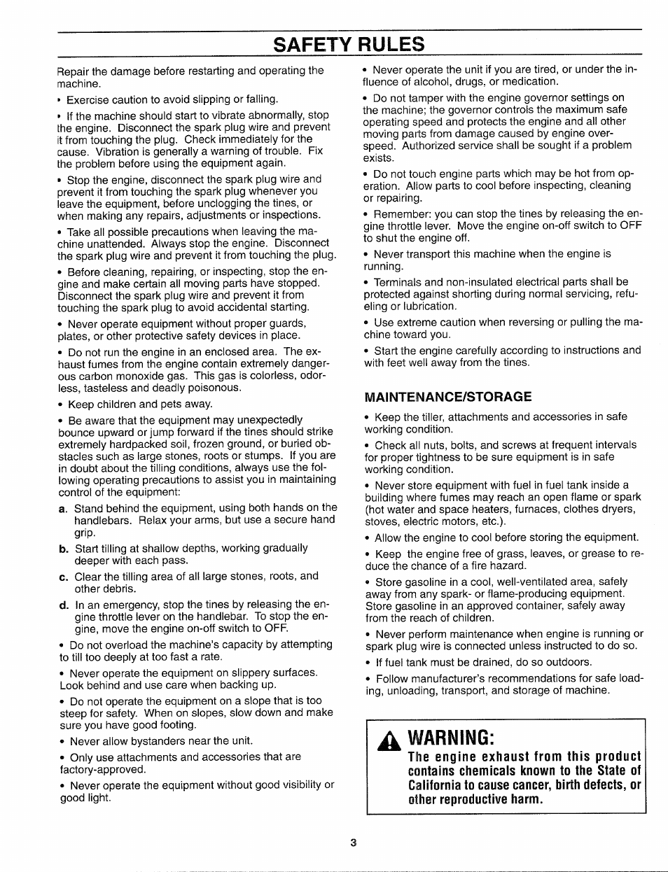 Safety rules, Maintenance/storage, Warning | Troy-Bilt 12159 User Manual | Page 3 / 24