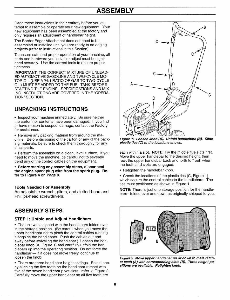 Unpacking instructions, Tools needed for assembly, Assembly steps | Step 1: unfold and adjust handlebars, Assembly | Troy-Bilt 12159 User Manual | Page 8 / 24