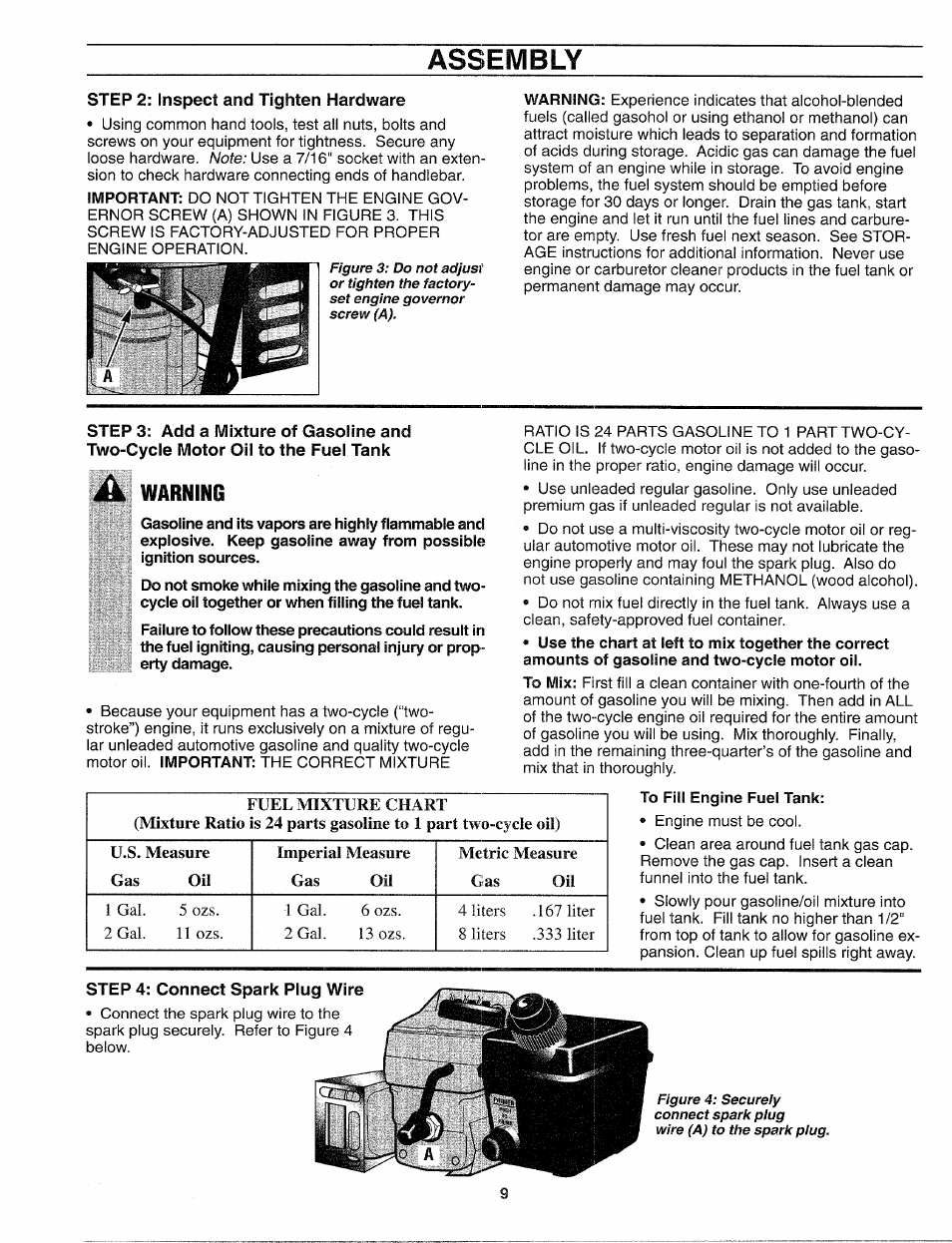 Step 2: inspect and tighten hardware, A warning, Step 4: connect spark plug wire | Assembly | Troy-Bilt 12159 User Manual | Page 9 / 24