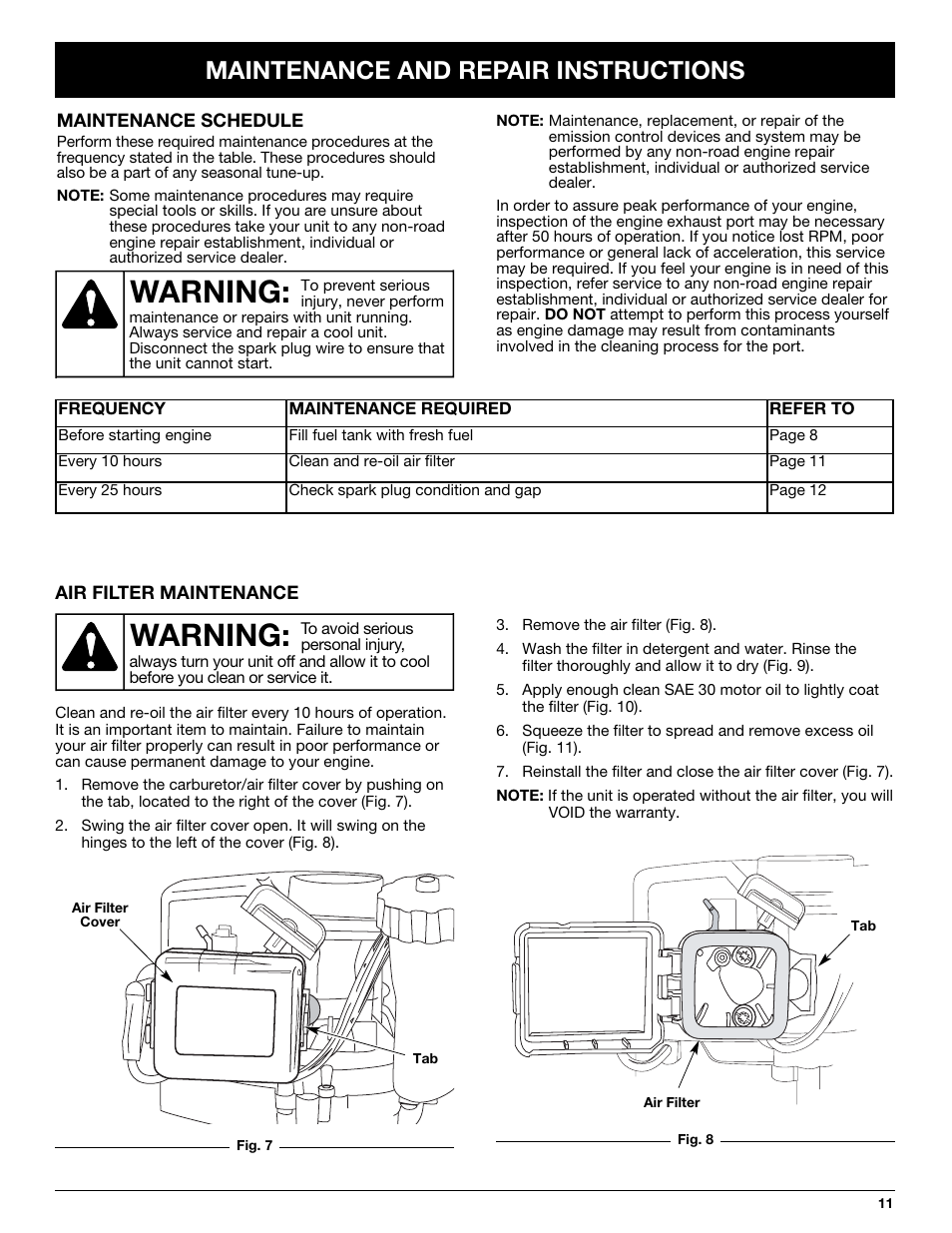 Warning, Maintenance and repair instructions | Troy-Bilt TB250B User Manual | Page 11 / 56