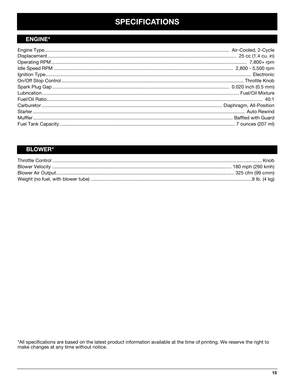 Specifications | Troy-Bilt TB250B User Manual | Page 15 / 56