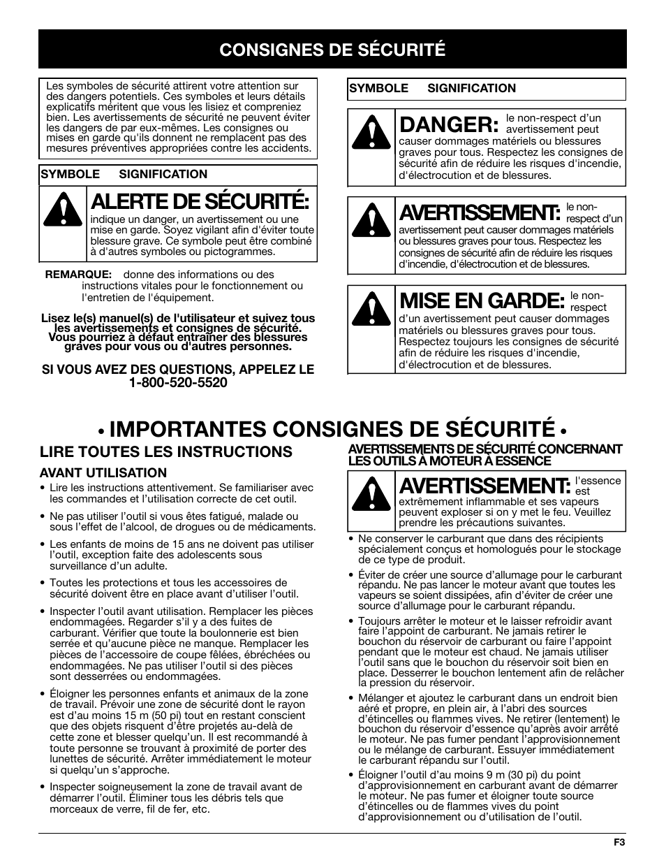 Importantes consignes de sécurité, Avertissement, Danger | Mise en garde, Alerte de sécurité, Consignes de sécurité, Lire toutes les instructions | Troy-Bilt TB250B User Manual | Page 21 / 56