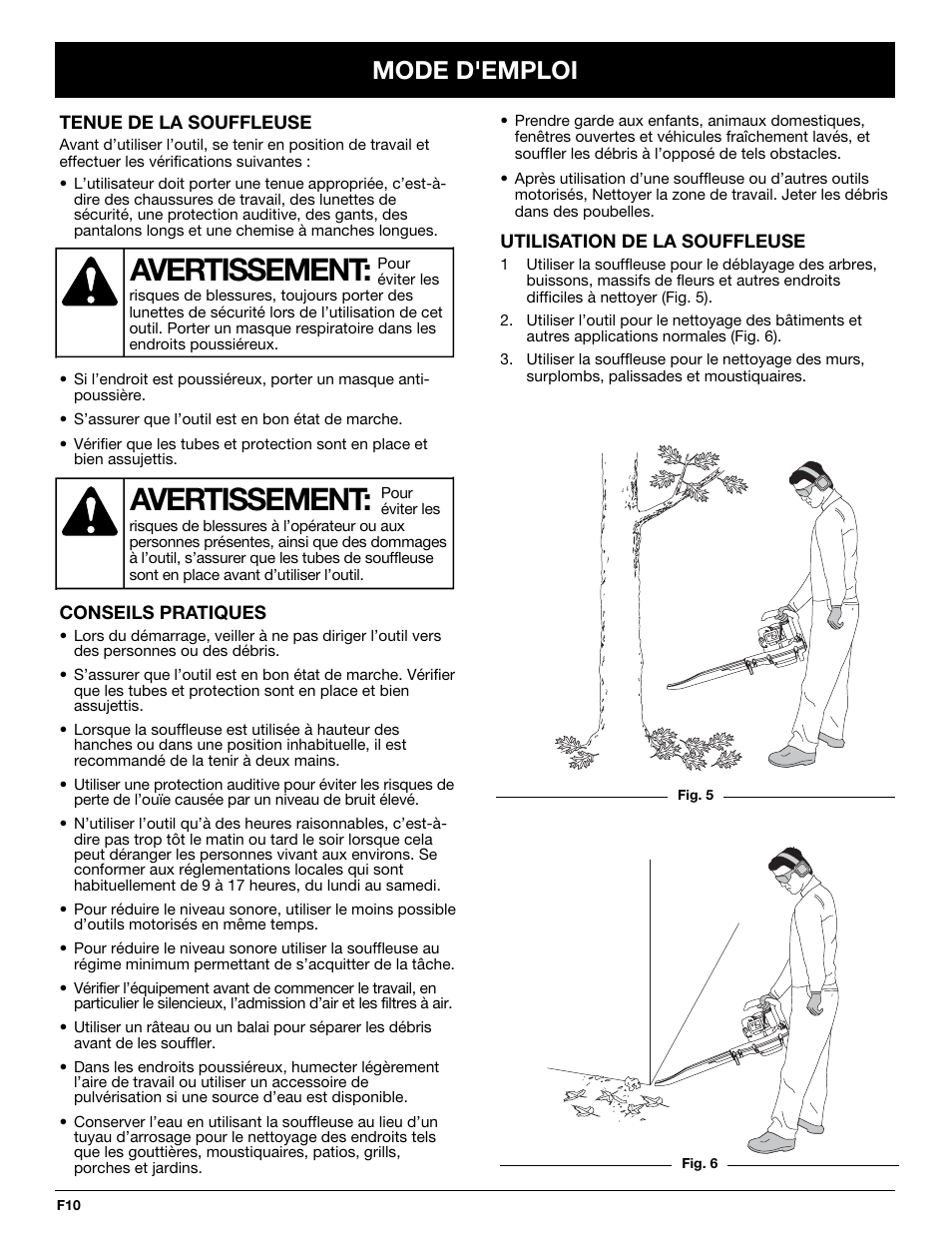 Avertissement, Mode d'emploi | Troy-Bilt TB250B User Manual | Page 28 / 56