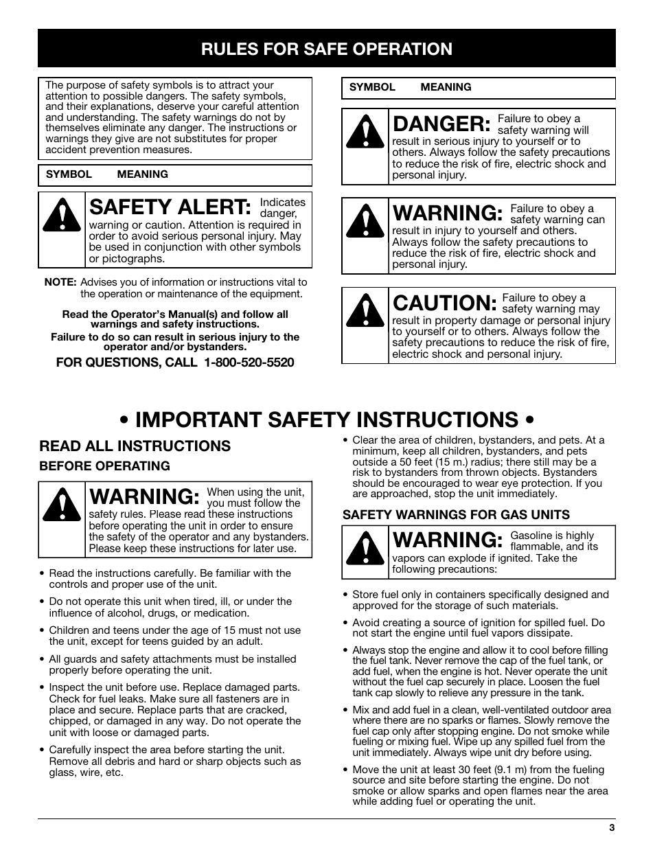 Warning: • important safety instructions, Warning, Danger | Caution, Safety alert, Rules for safe operation, Read all instructions | Troy-Bilt TB250B User Manual | Page 3 / 56