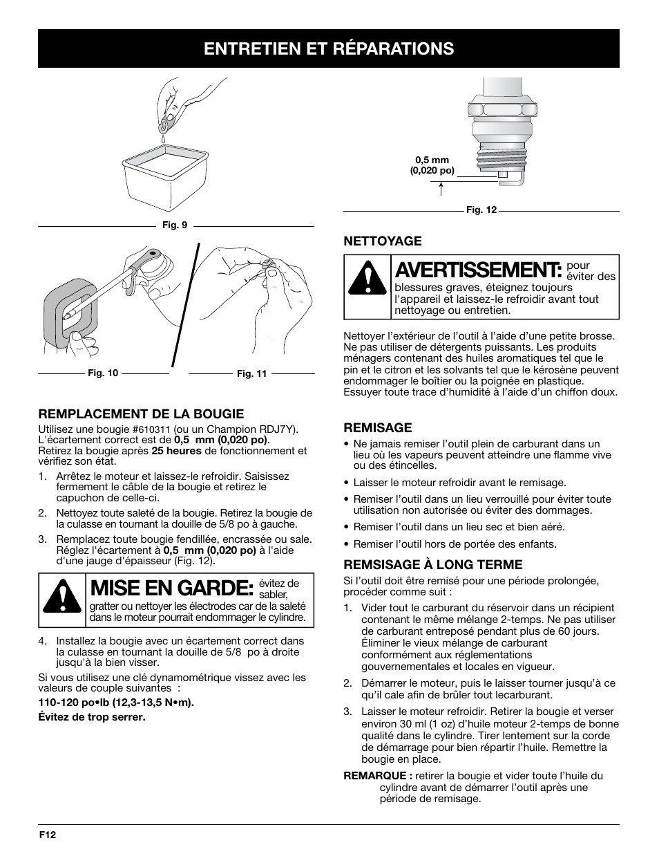Mise en garde, Avertissement, Entretien et réparations | Troy-Bilt TB250B User Manual | Page 30 / 56