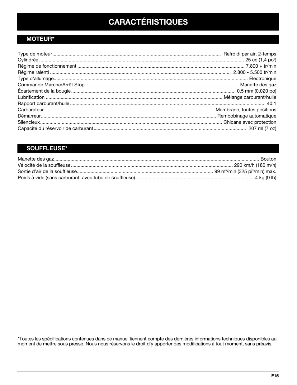 Caractéristiques, Moteur* souffleuse | Troy-Bilt TB250B User Manual | Page 33 / 56