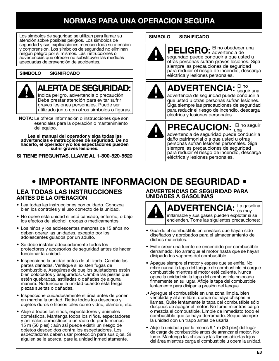 Importante informacion de seguridad, Advertencia, Peligro | Precaucion, Alerta de seguridad, Normas para una operacion segura, Lea todas las instrucciones | Troy-Bilt TB250B User Manual | Page 39 / 56