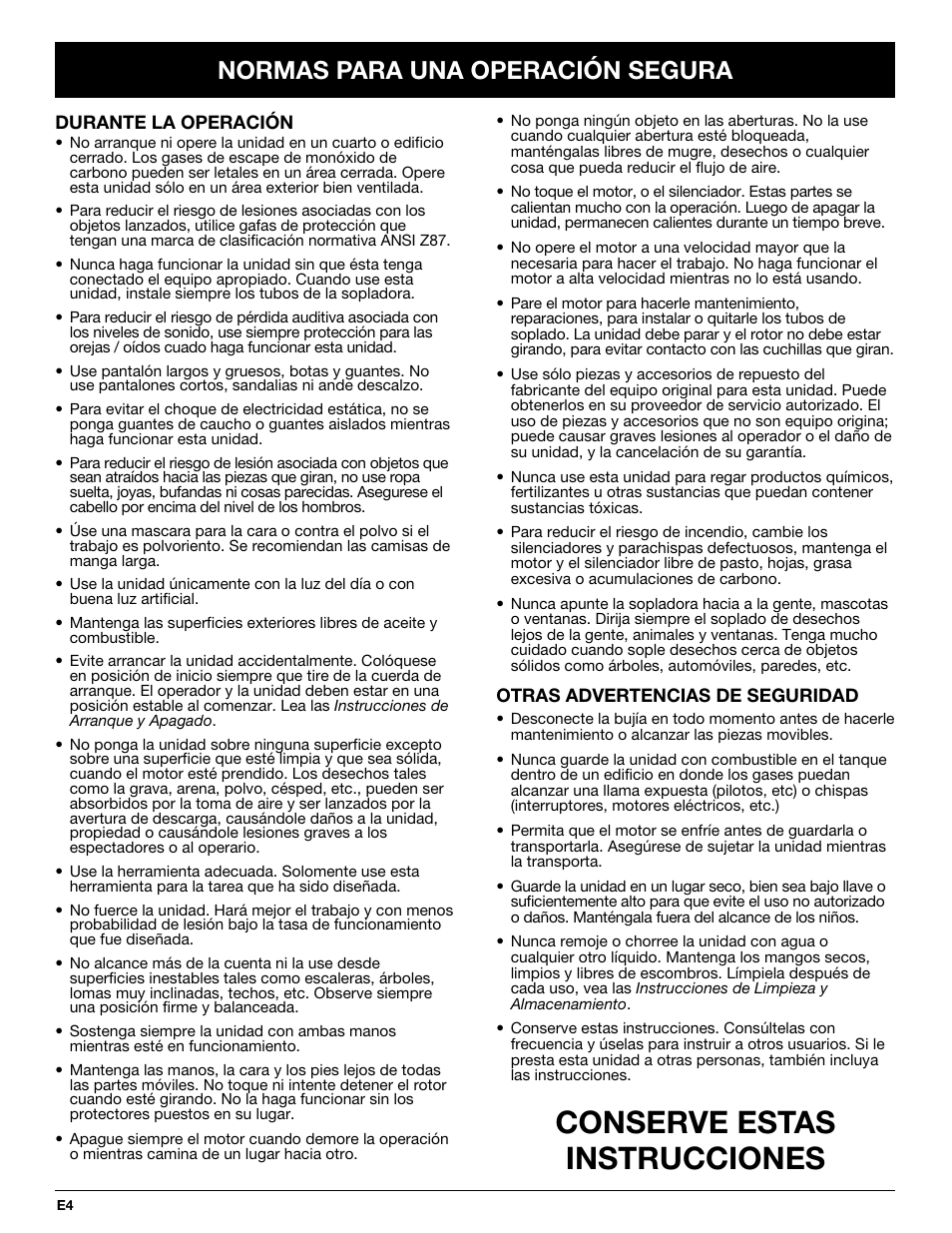 Conserve estas instrucciones, Normas para una operación segura | Troy-Bilt TB250B User Manual | Page 40 / 56