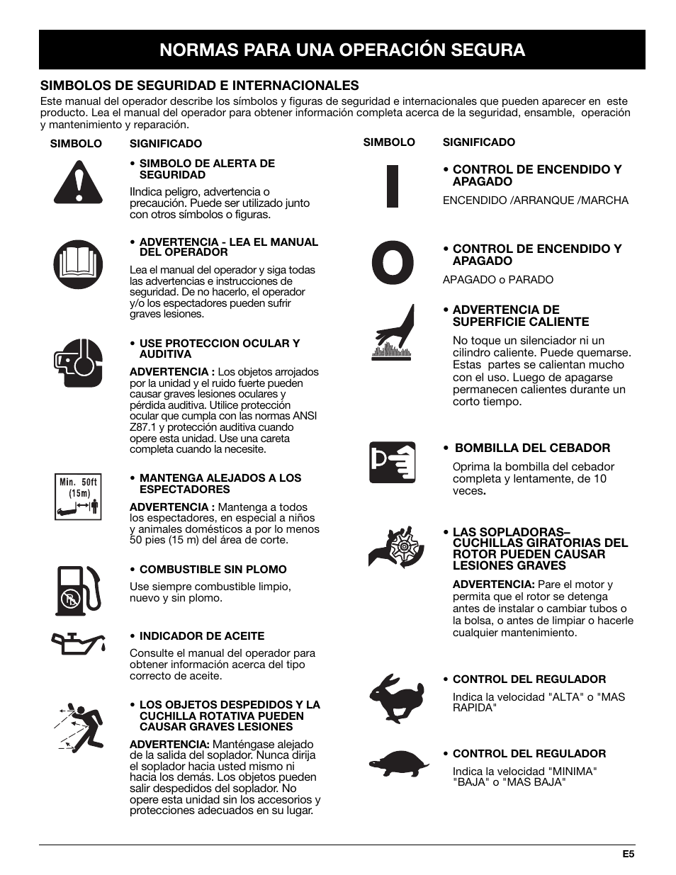 Normas para una operación segura | Troy-Bilt TB250B User Manual | Page 41 / 56