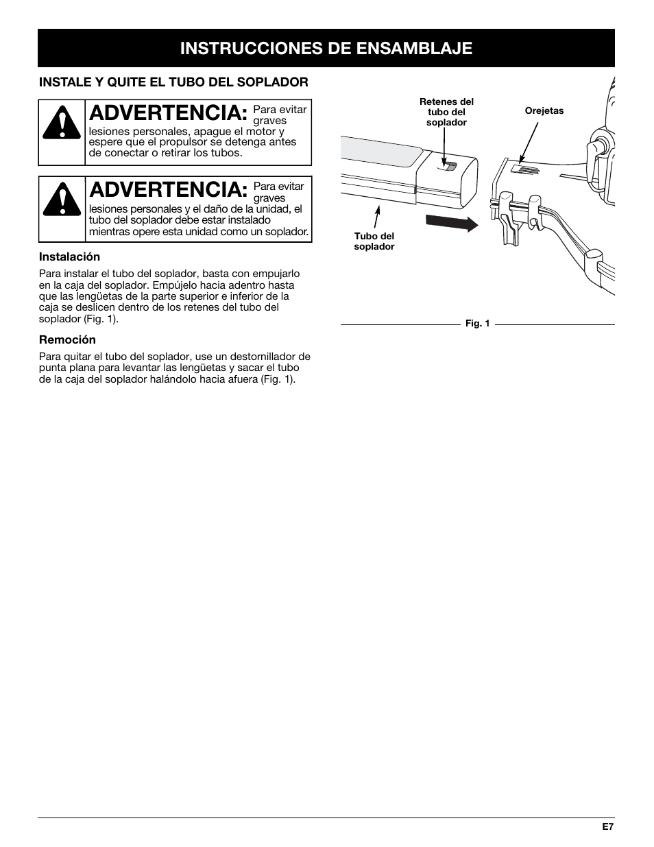 Advertencia, Instrucciones de ensamblaje | Troy-Bilt TB250B User Manual | Page 43 / 56