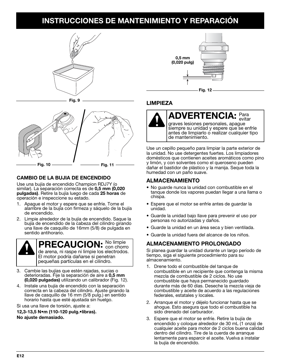 Precaucion, Advertencia, Instrucciones de mantenimiento y reparación | Troy-Bilt TB250B User Manual | Page 48 / 56